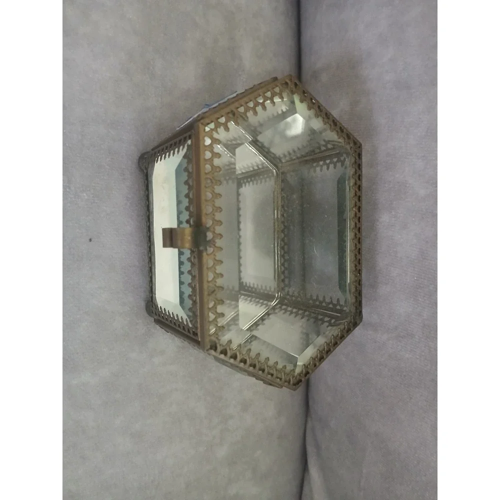 Vintage Beveled Glass Brass Hexagon Jewelry Box Butterfly Trinket Mirror Bottom
